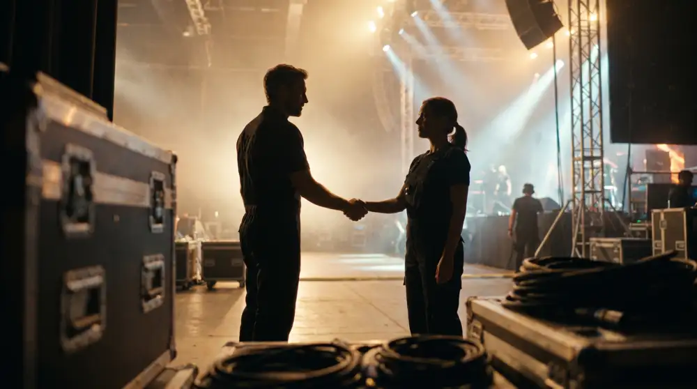 Two event crew members shaking hands backstage