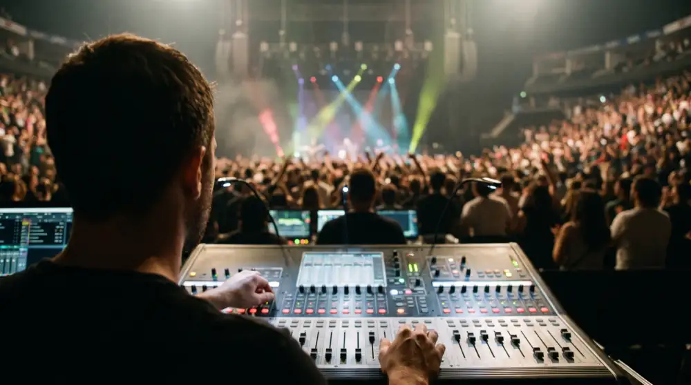Audio engineer mixing a live arena show
