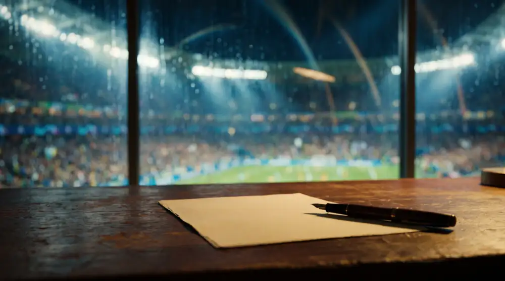 Clipboard and pen overlooking a stadium field