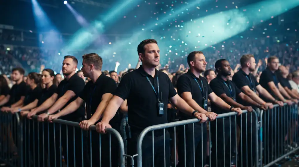 Crowd-control staff holding a barrier inside a packed arena
